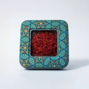 ظرف فلزی زعفران مدل مربعی طرح دار- فیروزه دو مثقال